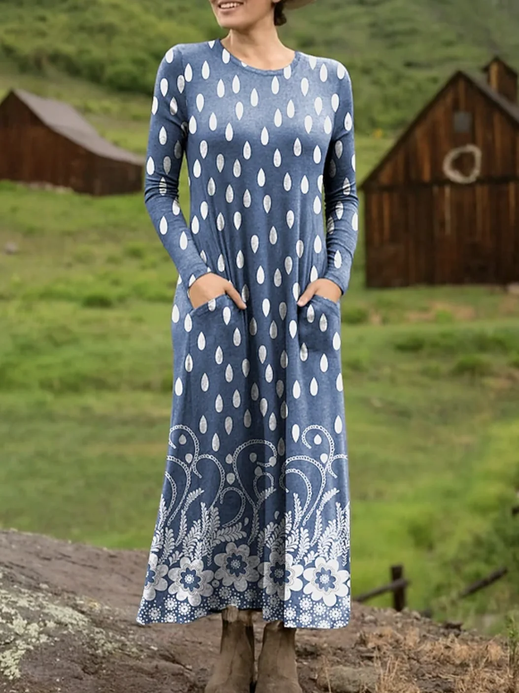 Women's Maxi T-shirt Dress Vacation Casual Bohemian Style Holiday Date Regular Fit Floral Pattern Geometric Long Sleeves Round U Neck