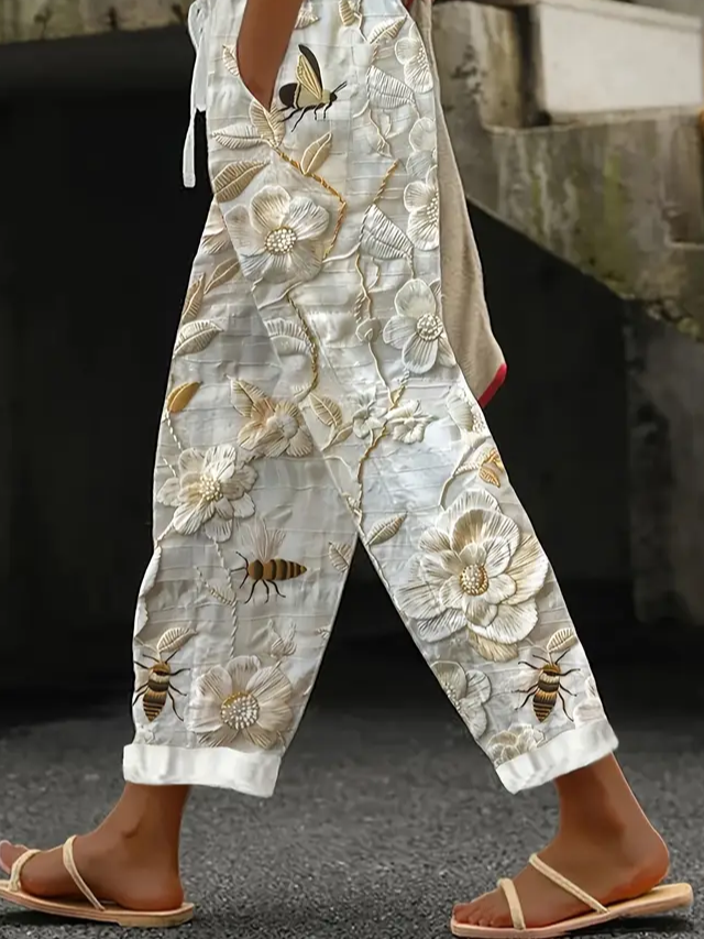 Women's  H-Line Baggy Pants Daily Going Out Pants Off White Casual Printing Floral Spring/Fall Pants