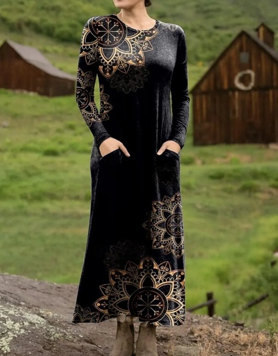 Women's Maxi T-shirt Dress Vacation Casual Bohemian Style Holiday Date Regular Fit Floral Pattern Geometric Long Sleeves Round U Neck