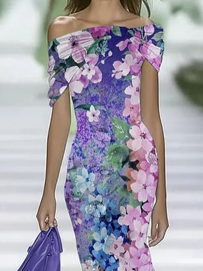 Women's Cap Sleeve Summer Purple Floral Printing Cold Shoulder Daily Going Out Vintage Maxi H-Line Dress