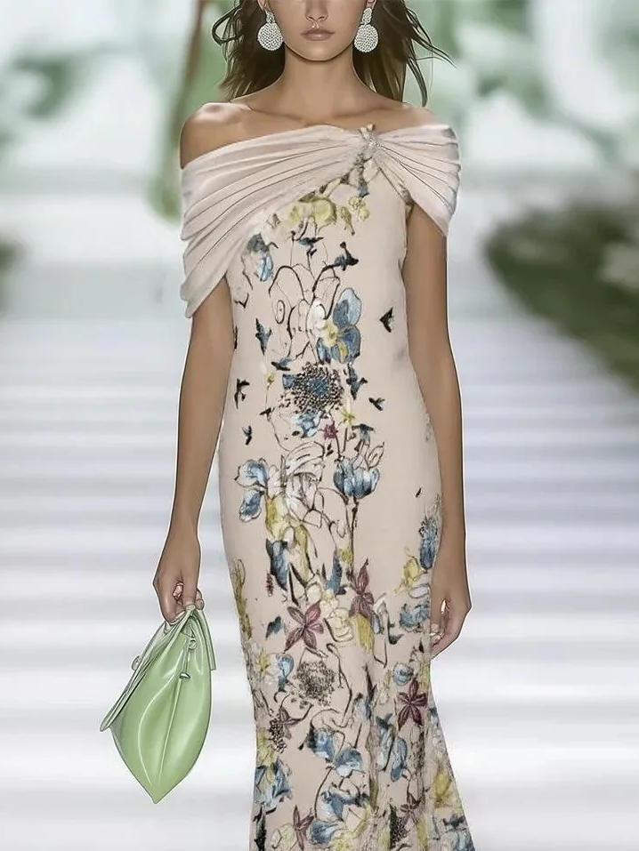 Women's Cap Sleeve Summer Apricot Floral Printing Cold Shoulder Daily Going Out Vintage Maxi H-Line Dress