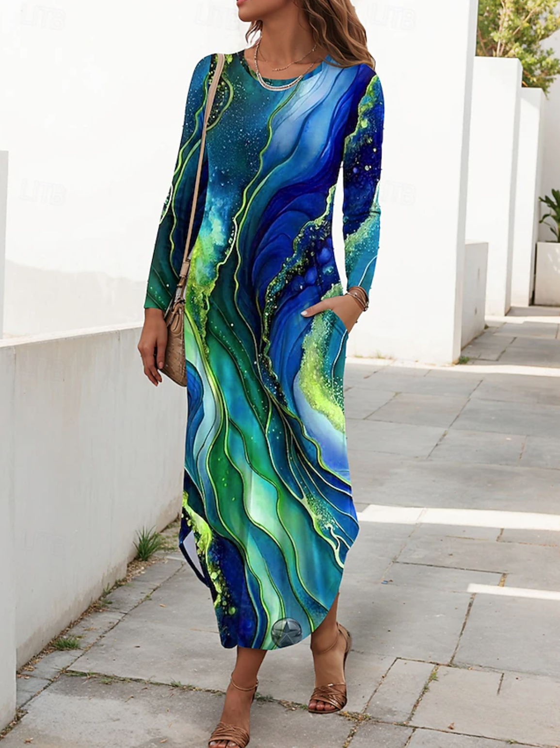 Women's Maxi Dress  Vacation Casual Holiday Date Regular Regular Fit Graphic Geometric Long Sleeve Crew Neck