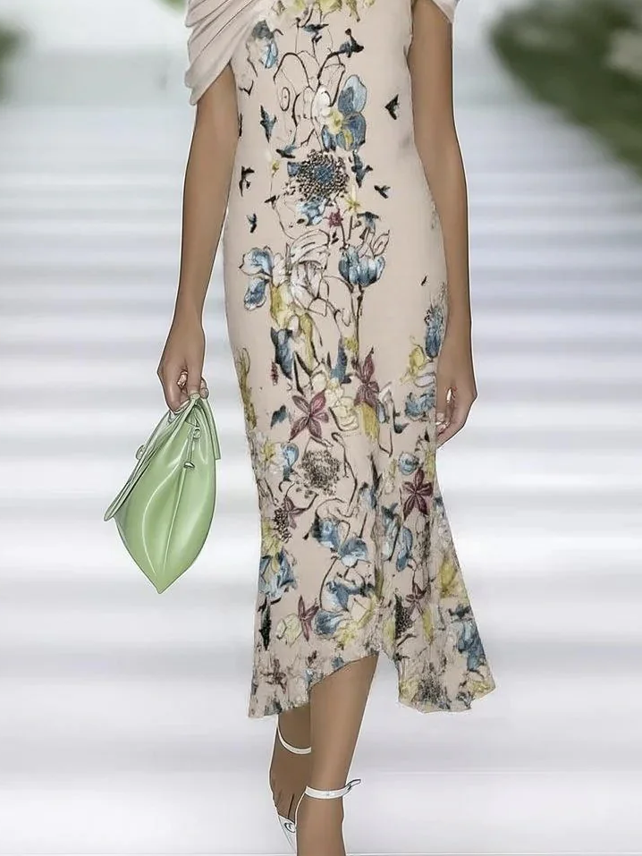 Women's Cap Sleeve Summer Apricot Floral Printing Cold Shoulder Daily Going Out Vintage Maxi H-Line Dress