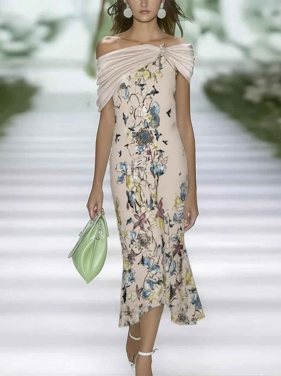 Women's Cap Sleeve Summer Apricot Floral Printing Cold Shoulder Daily Going Out Vintage Maxi H-Line Dress