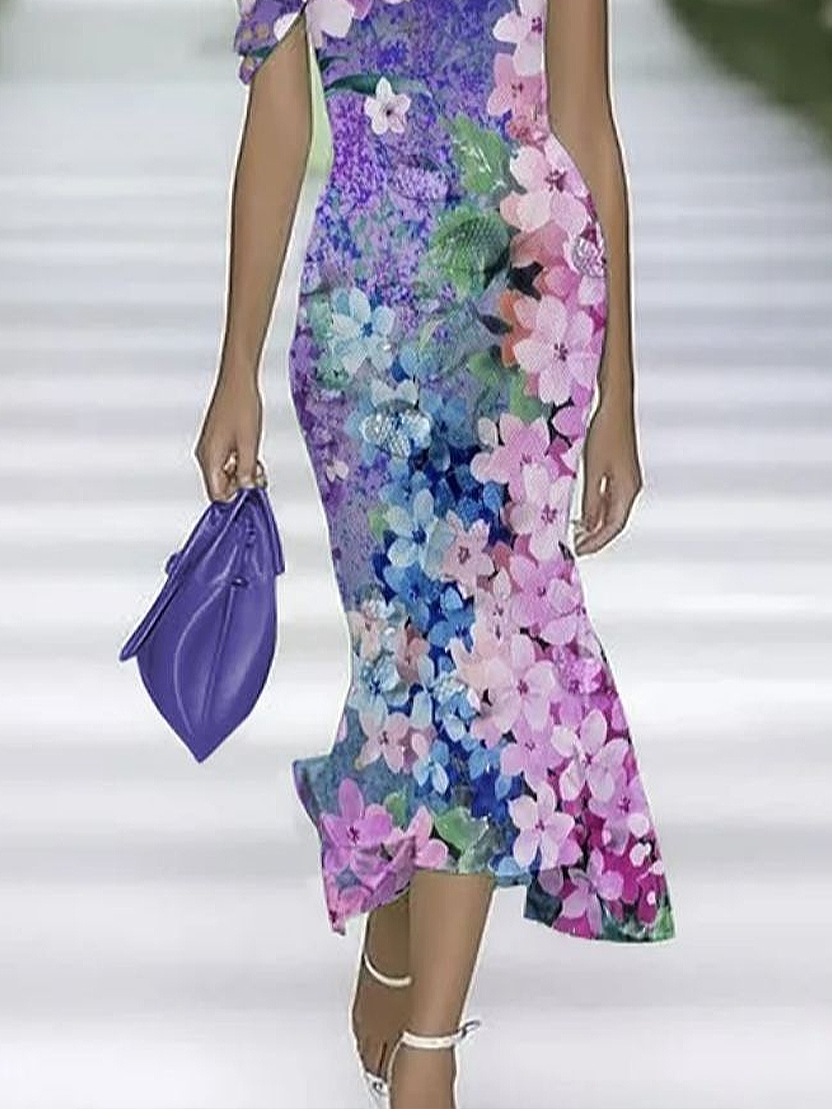 Women's Cap Sleeve Summer Purple Floral Printing Cold Shoulder Daily Going Out Vintage Maxi H-Line Dress