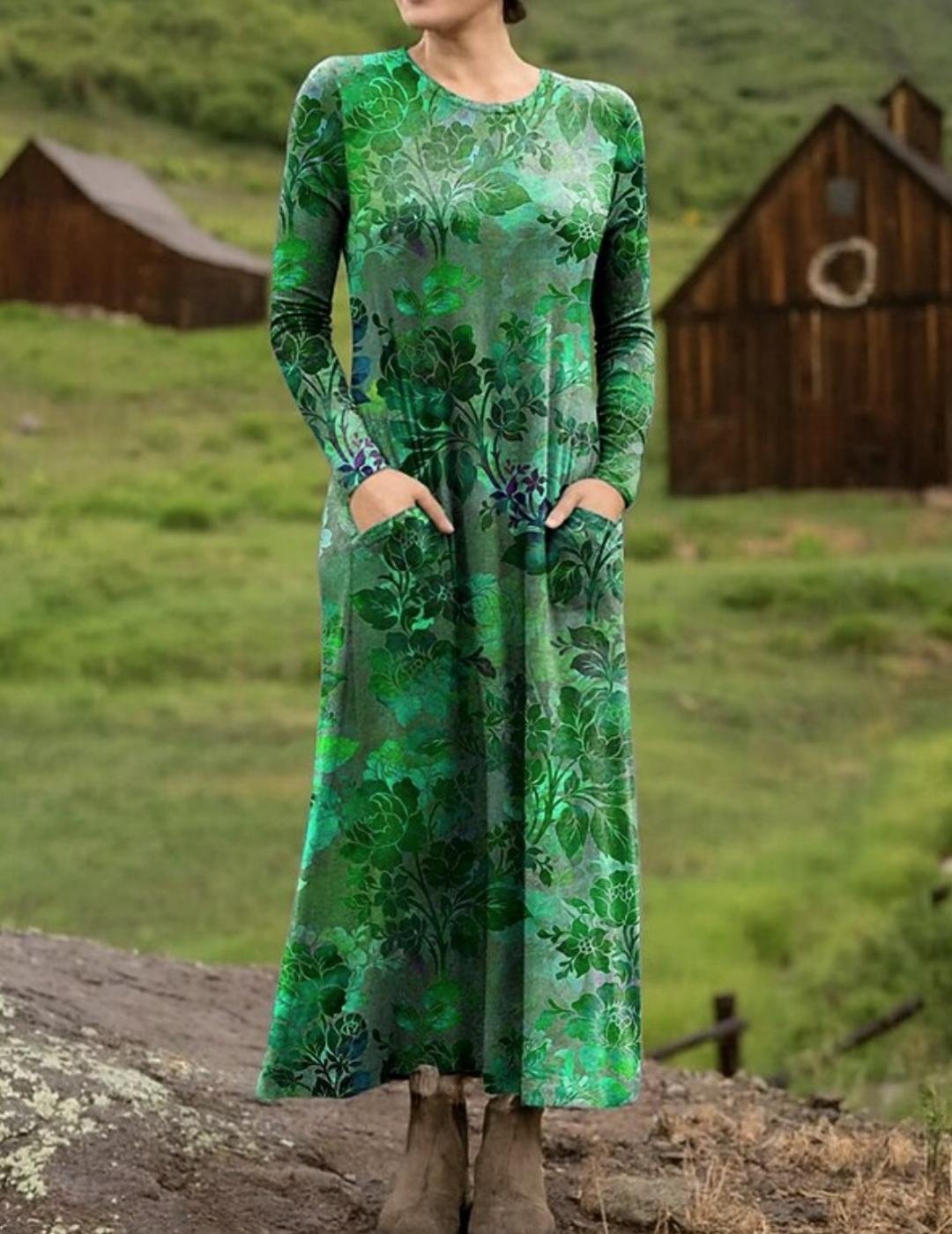 Women's Maxi T-shirt Dress Vacation Casual Bohemian Style Holiday Date Regular Fit Floral Pattern Geometric Long Sleeves Round U Neck