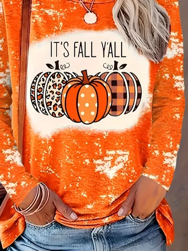 Women's Long Sleeve T-shirt Spring/Fall Orange Halloween (pumpkin) It's Fall Y'all Printing Jersey Crew Neck Daily Going Out Casual Top