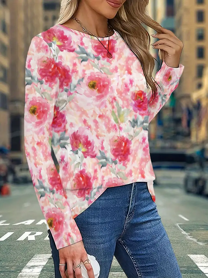 Women's Long Sleeve T-shirt Spring/Fall Pink Floral Printing Jersey Crew Neck Daily Going Out Casual Top