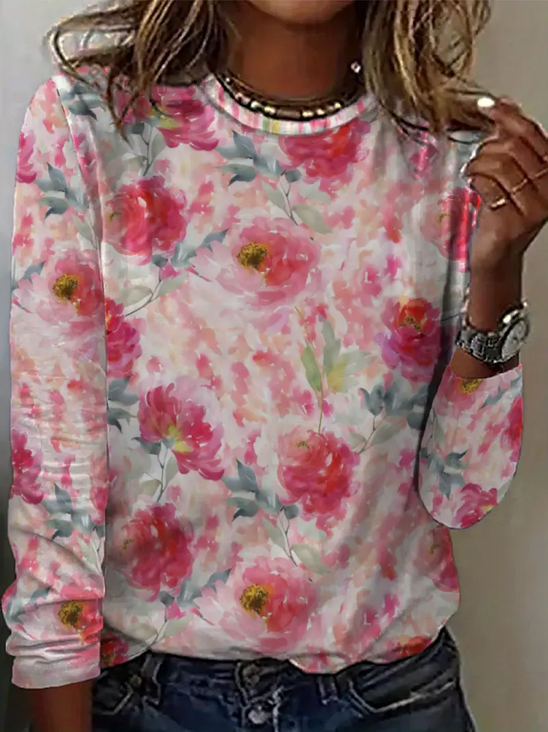 Women's Long Sleeve T-shirt Spring/Fall Pink Floral Printing Jersey Crew Neck Daily Going Out Casual Top