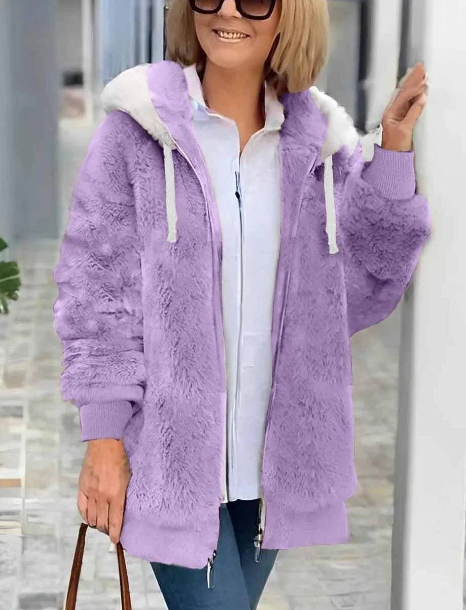 Women's autumn and winter warm plush patchwork zipper pocket hooded loose thick coat