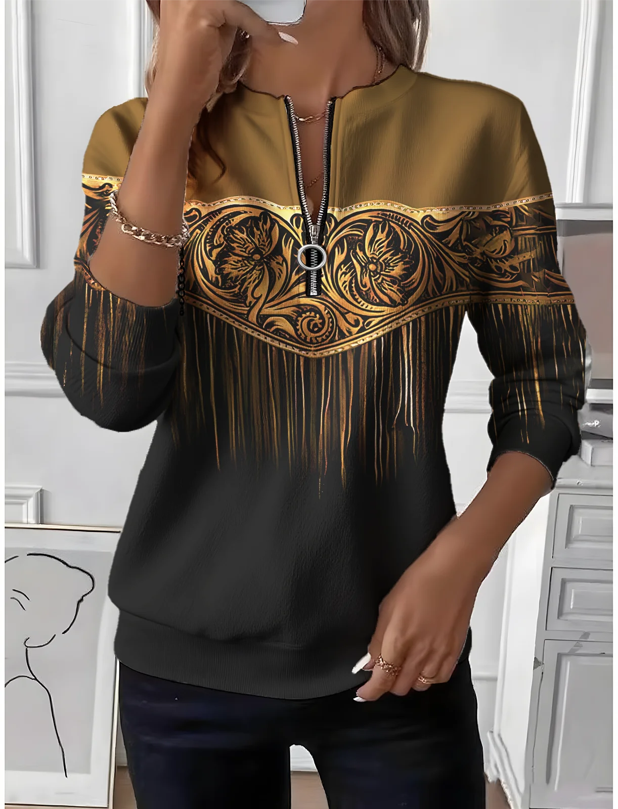 Women's Western Ethnic Gradient Pattern Long Sleeve Center Front Zip Casual Sweatshirt Regular Top