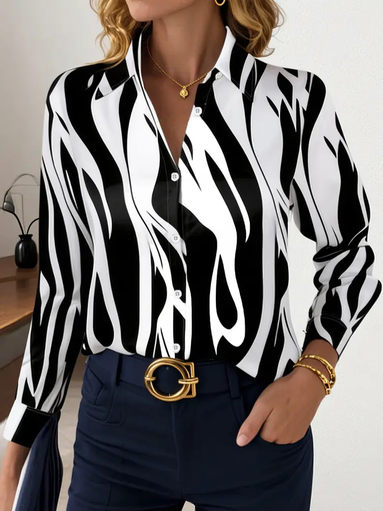 Women's Long Sleeve Shirt Spring/Fall Black-white Abstract Buckle Shirt Collar Regular Sleeve Daily Going Out Casual Top
