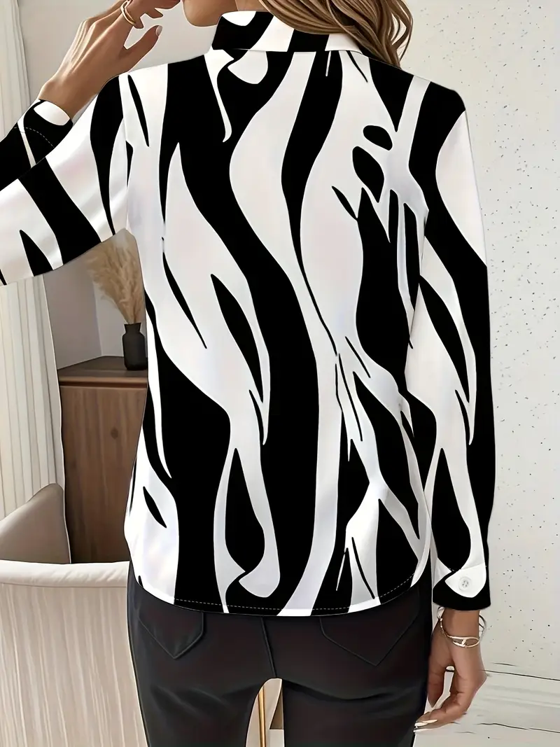 Women's Long Sleeve Shirt Spring/Fall Black-white Abstract Buckle Shirt Collar Regular Sleeve Daily Going Out Casual Top