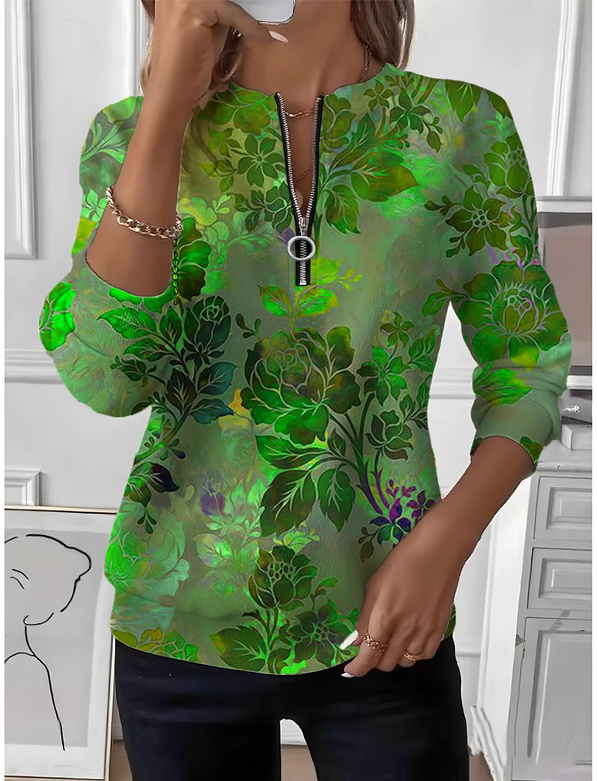 Women's Floral Gradient Pattern Long Sleeve Center Front Zip Casual Sweatshirt Regular Top