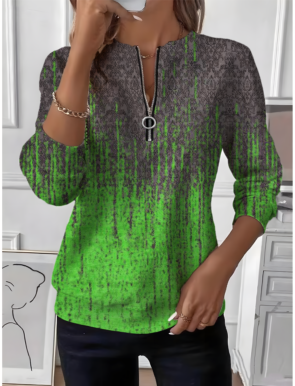 Women's Ethnic Gradient Pattern Long Sleeve Center Front Zipper Casual Sweatshirt Regular Top