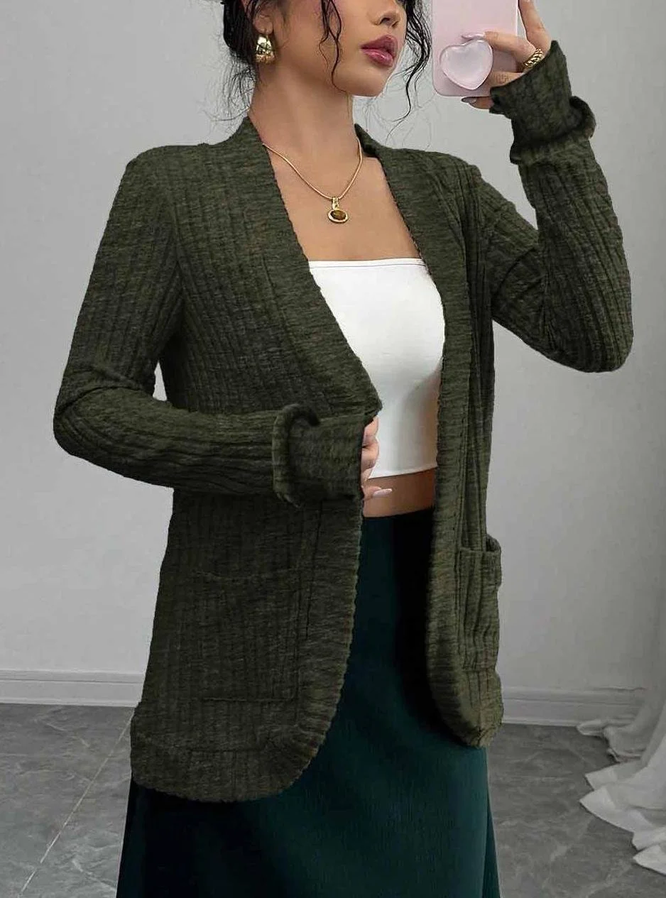 Women's Solid Color Cardigan Ribbed Brushed Stitching Long-Sleeved Jacket