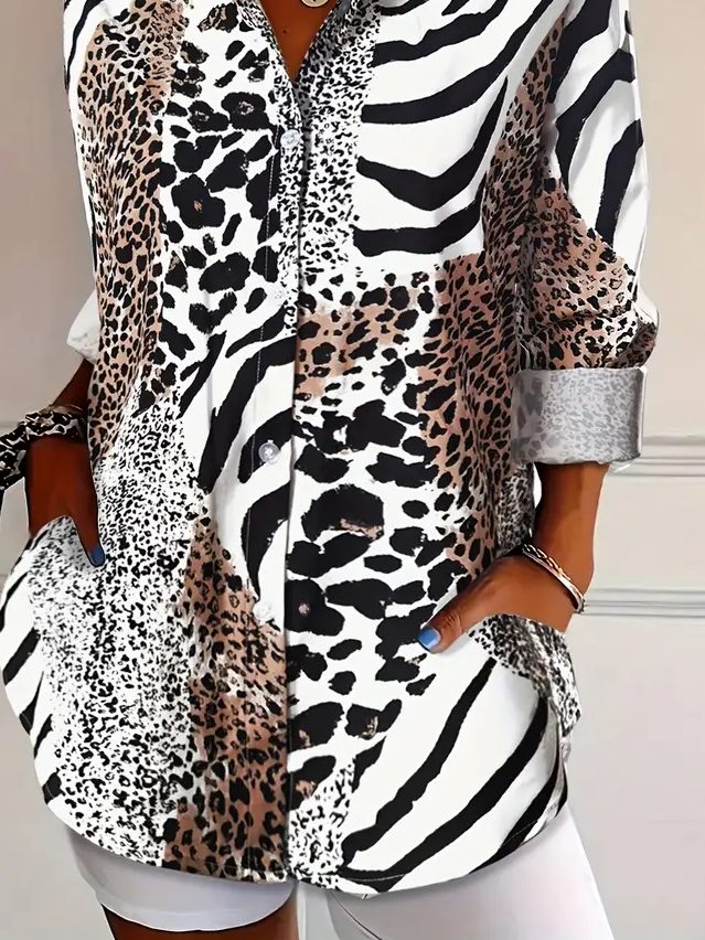 Women's Long Sleeve Shirt Spring/Fall As Picture Leopard Buckle Shirt Collar Regular Sleeve Daily Going Out Casual Top