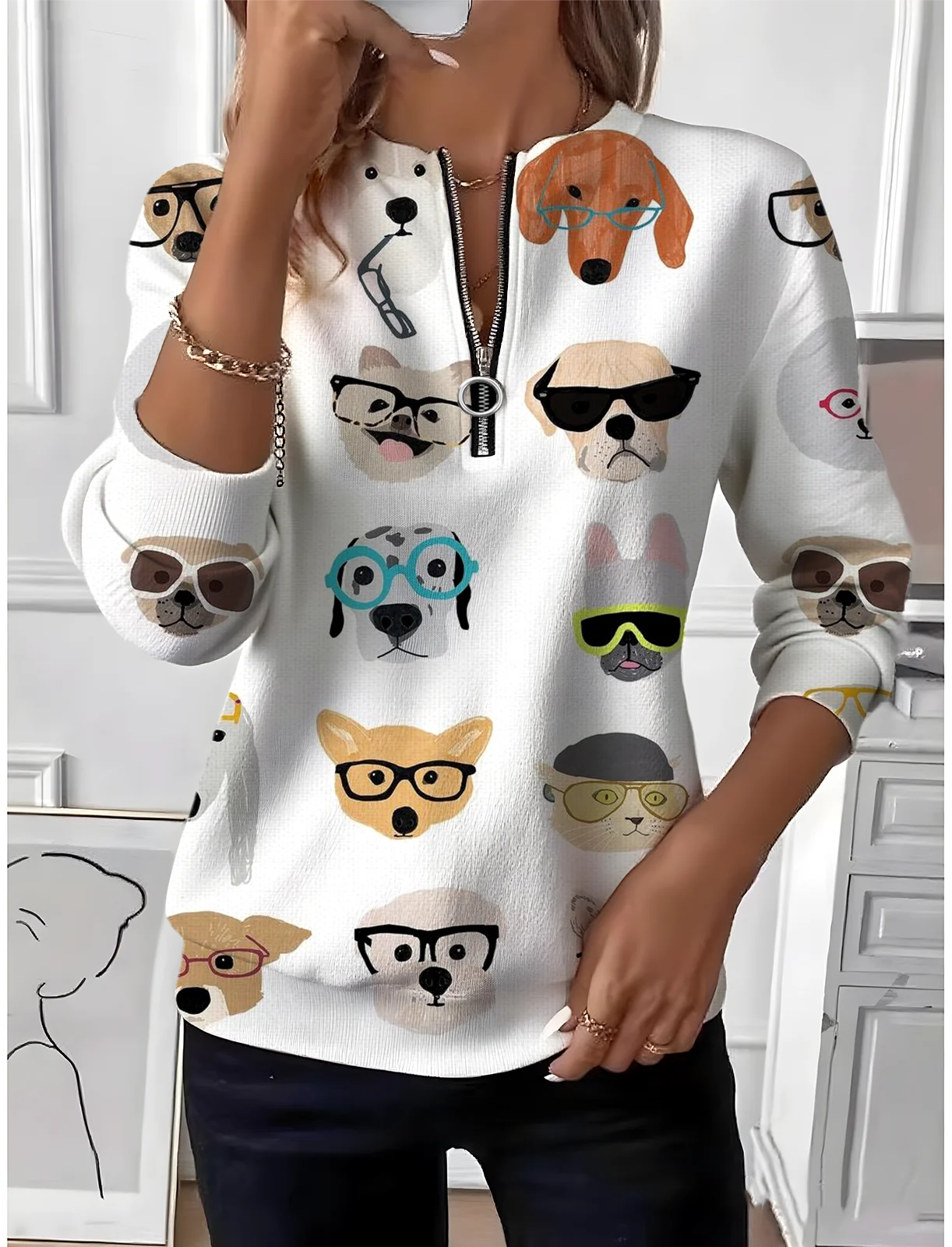 Women's Animal Floral Pattern Long Sleeve Center Front Zip Casual Sweatshirt Regular Top