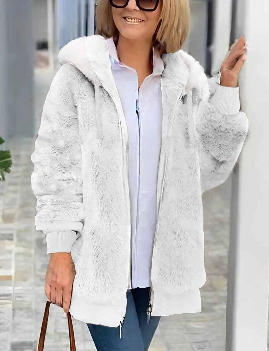 Women's autumn and winter warm plush patchwork zipper pocket hooded loose thick coat