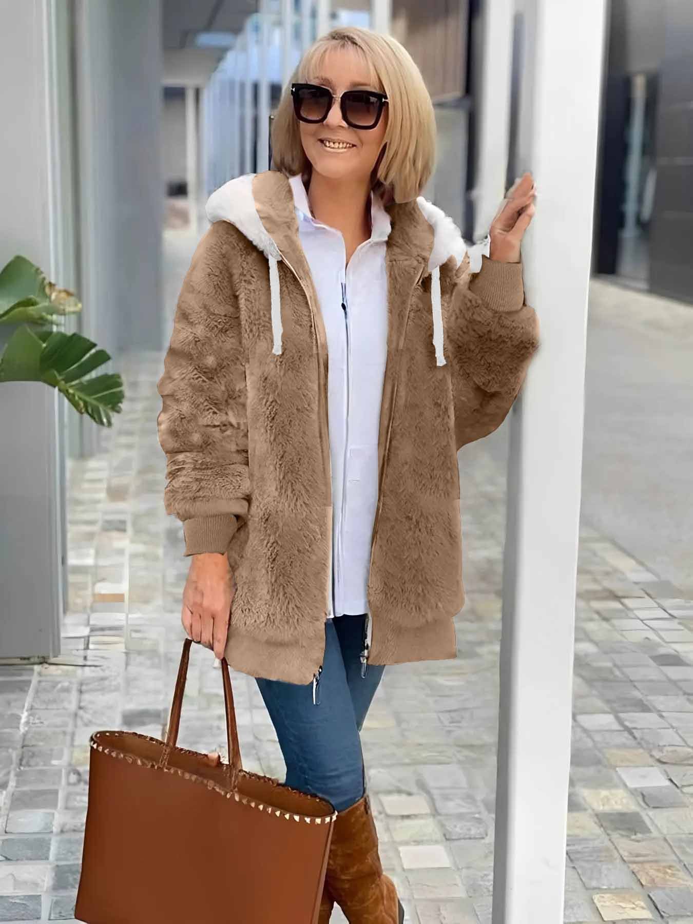 Women's autumn and winter warm plush patchwork zipper pocket hooded loose thick coat