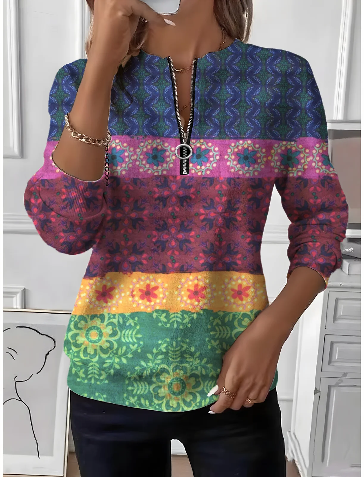 Women's Multicolor Geometric Floral Long Sleeve Center Front Zip Casual Sweatshirt Regular Top