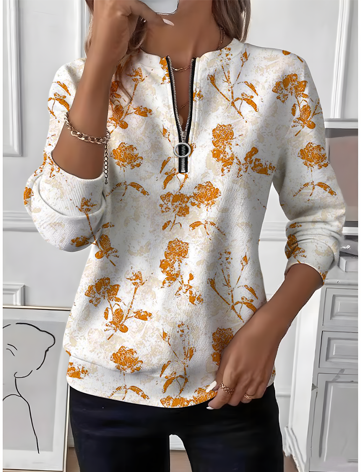 Women's Floral Gradient Pattern Long Sleeve Center Front Zip Casual Sweatshirt Regular Top