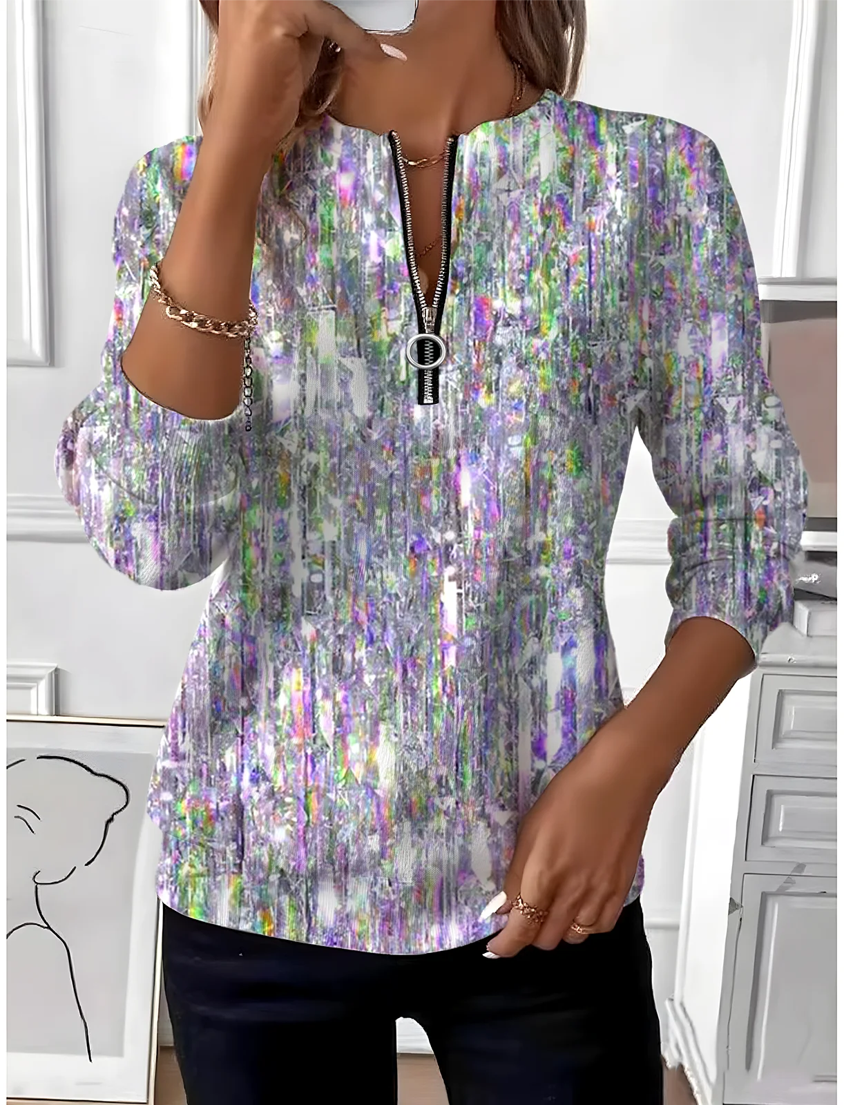 Women's Geometric Gradient Long Sleeve Center Front Zip Casual Sweatshirt Regular Top