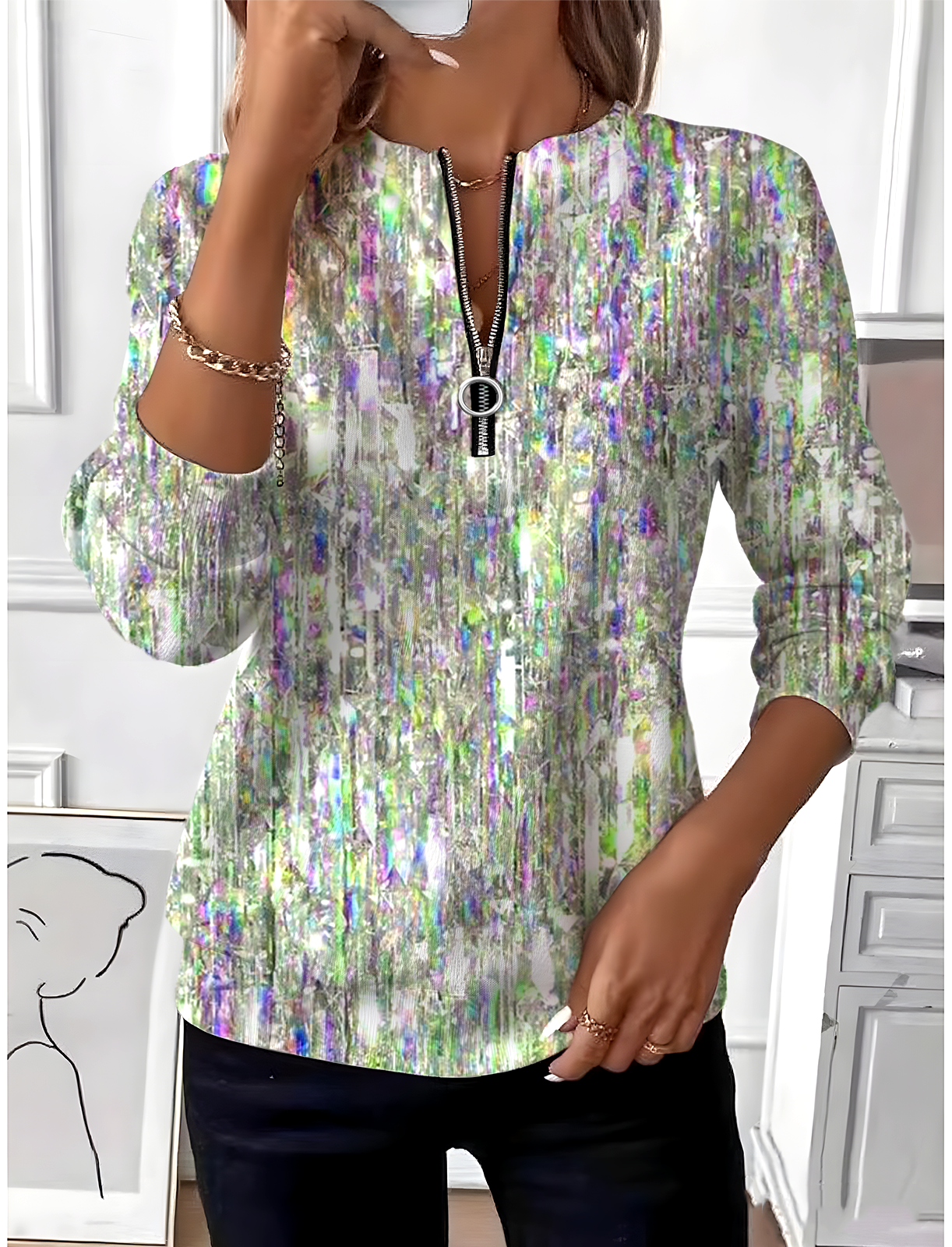 Women's Geometric Gradient Long Sleeve Center Front Zip Casual Sweatshirt Regular Top