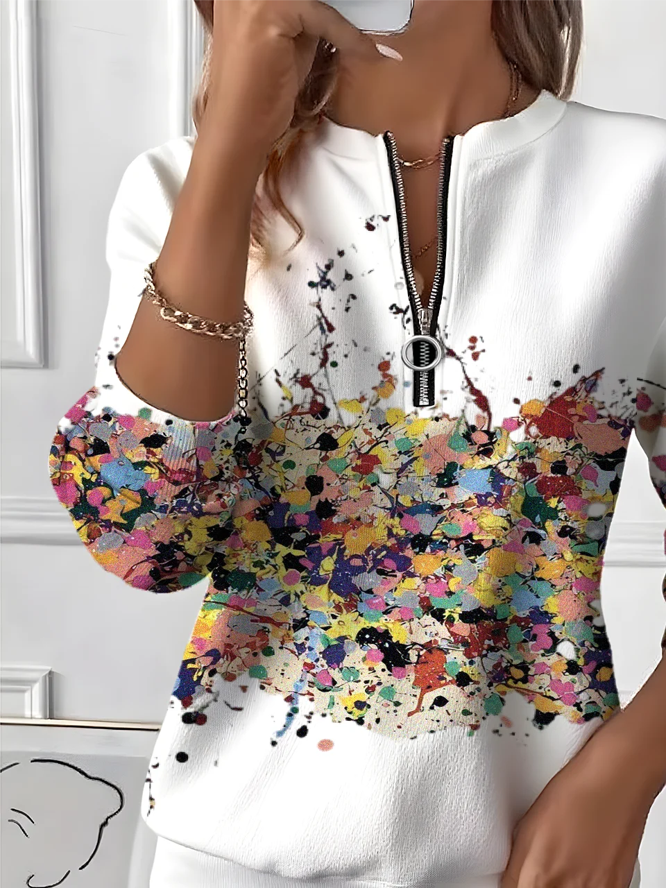 Women's Artistic Gradient Graphic Long Sleeve Center Front Zip Casual Sweatshirt Regular Top