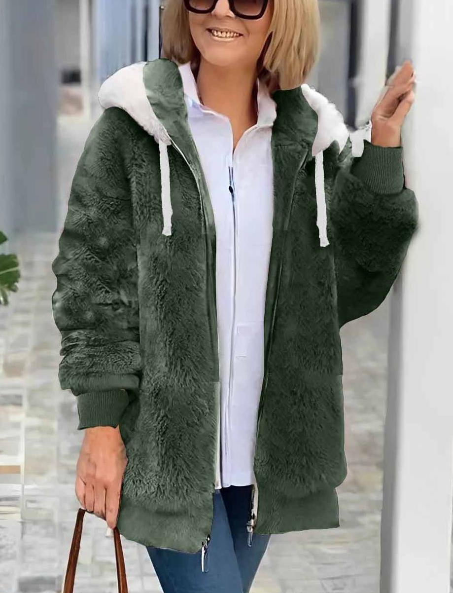 Women's autumn and winter warm plush patchwork zipper pocket hooded loose thick coat