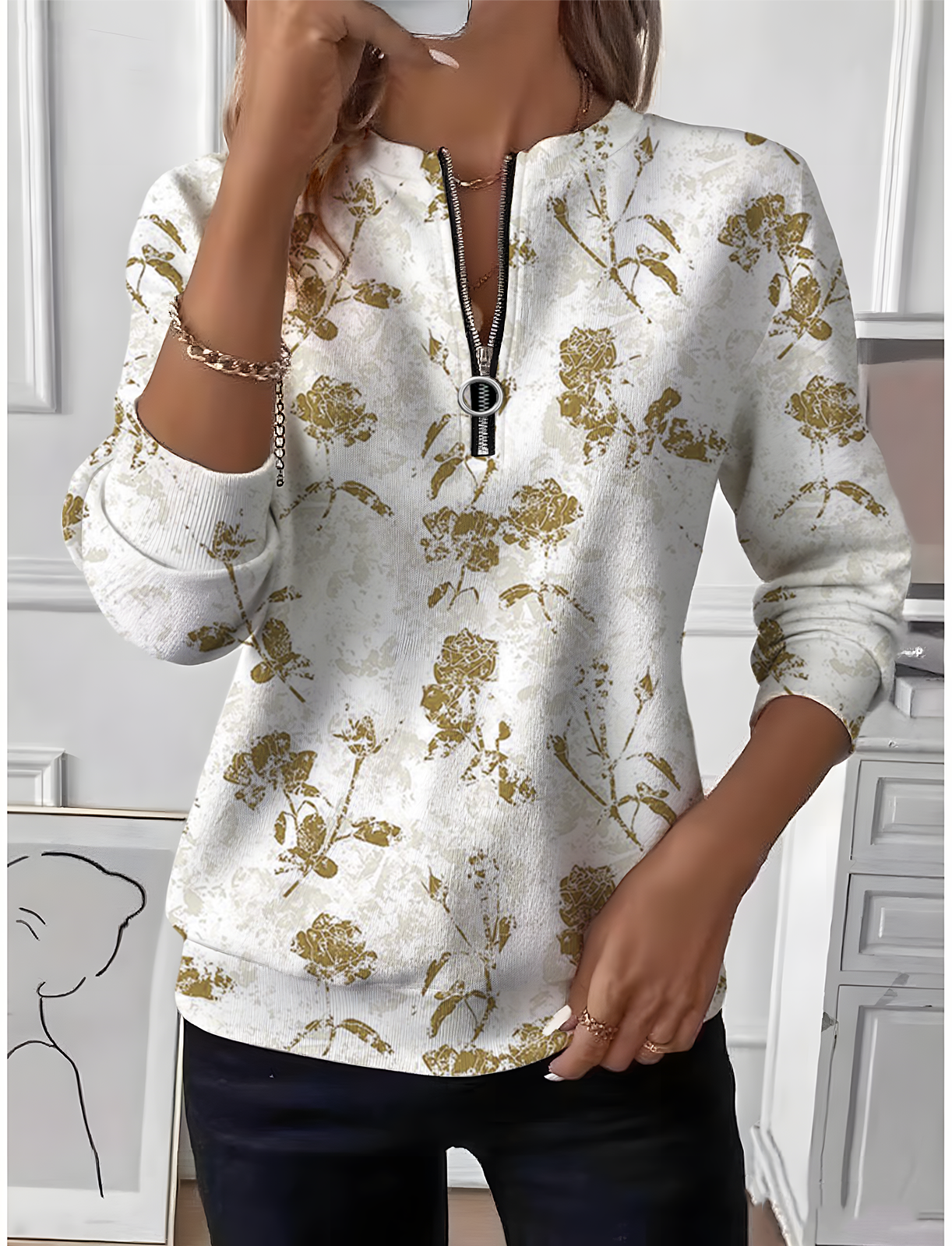 Women's Floral Gradient Pattern Long Sleeve Center Front Zip Casual Sweatshirt Regular Top