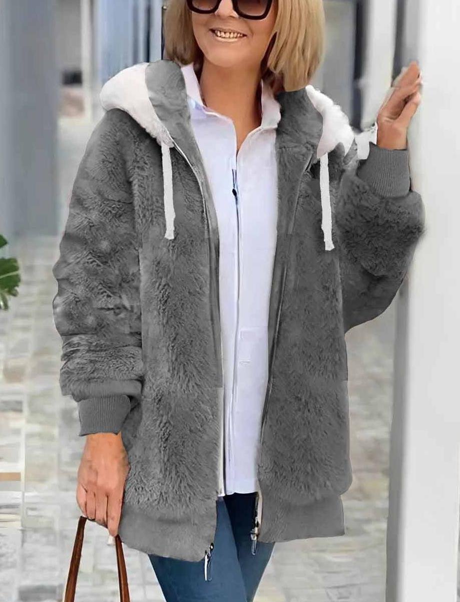 Women's autumn and winter warm plush patchwork zipper pocket hooded loose thick coat