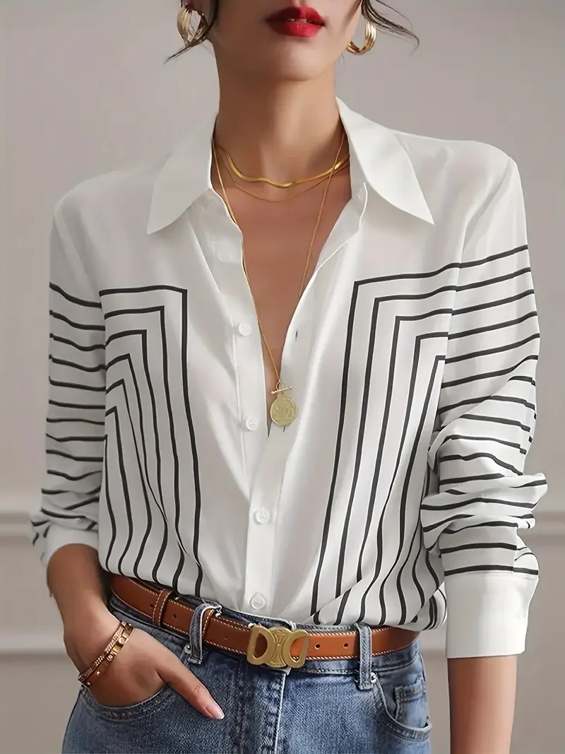 Women's Long Sleeve Shirt Spring/Fall White Abstract Buckle Shirt Collar Regular Sleeve Daily Going Out Casual Top