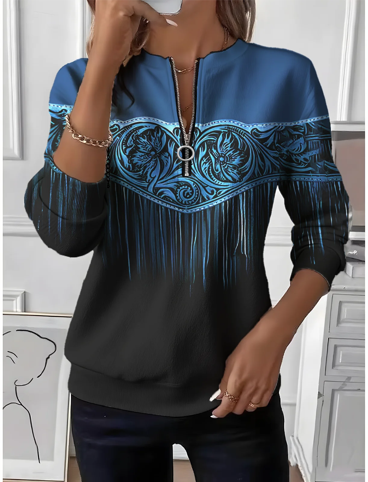 Women's Western Ethnic Gradient Pattern Long Sleeve Center Front Zip Casual Sweatshirt Regular Top