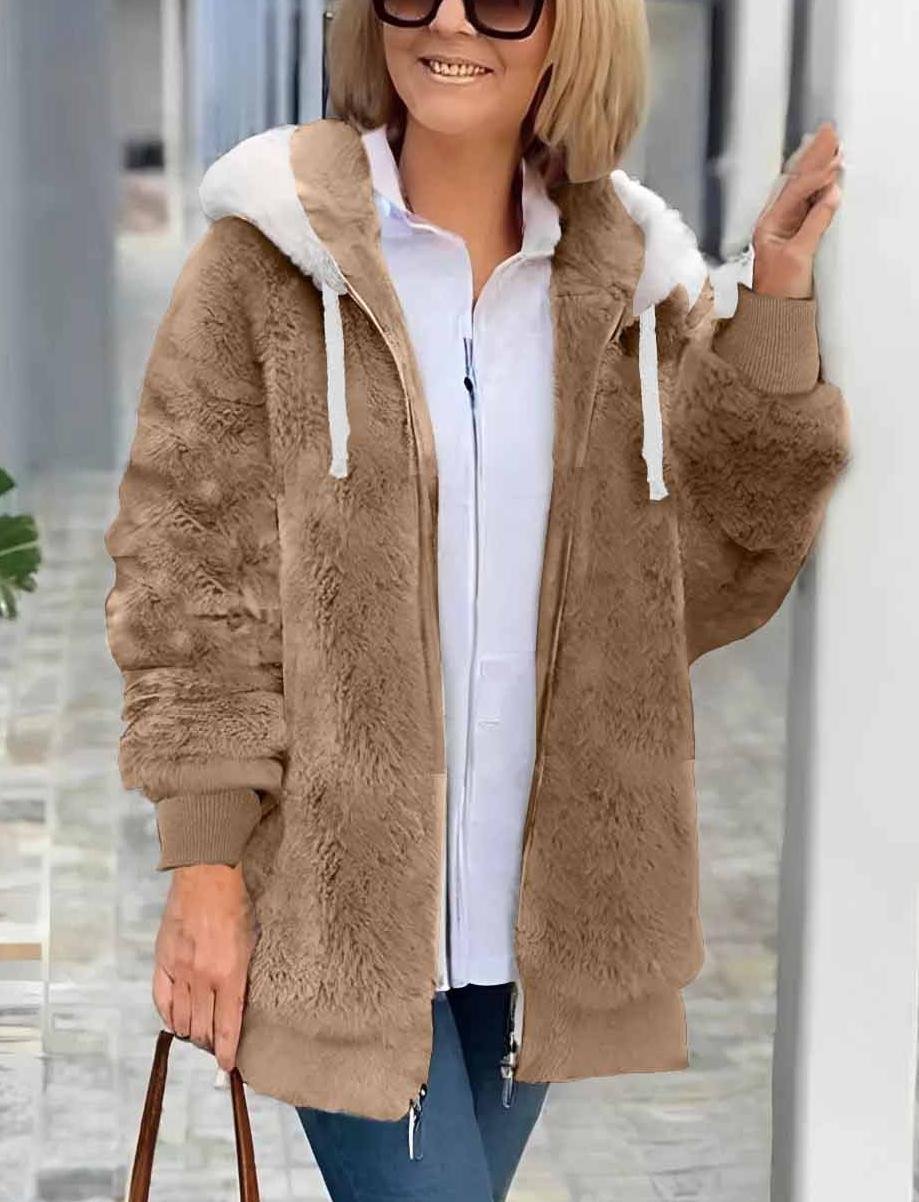 Women's autumn and winter warm plush patchwork zipper pocket hooded loose thick coat