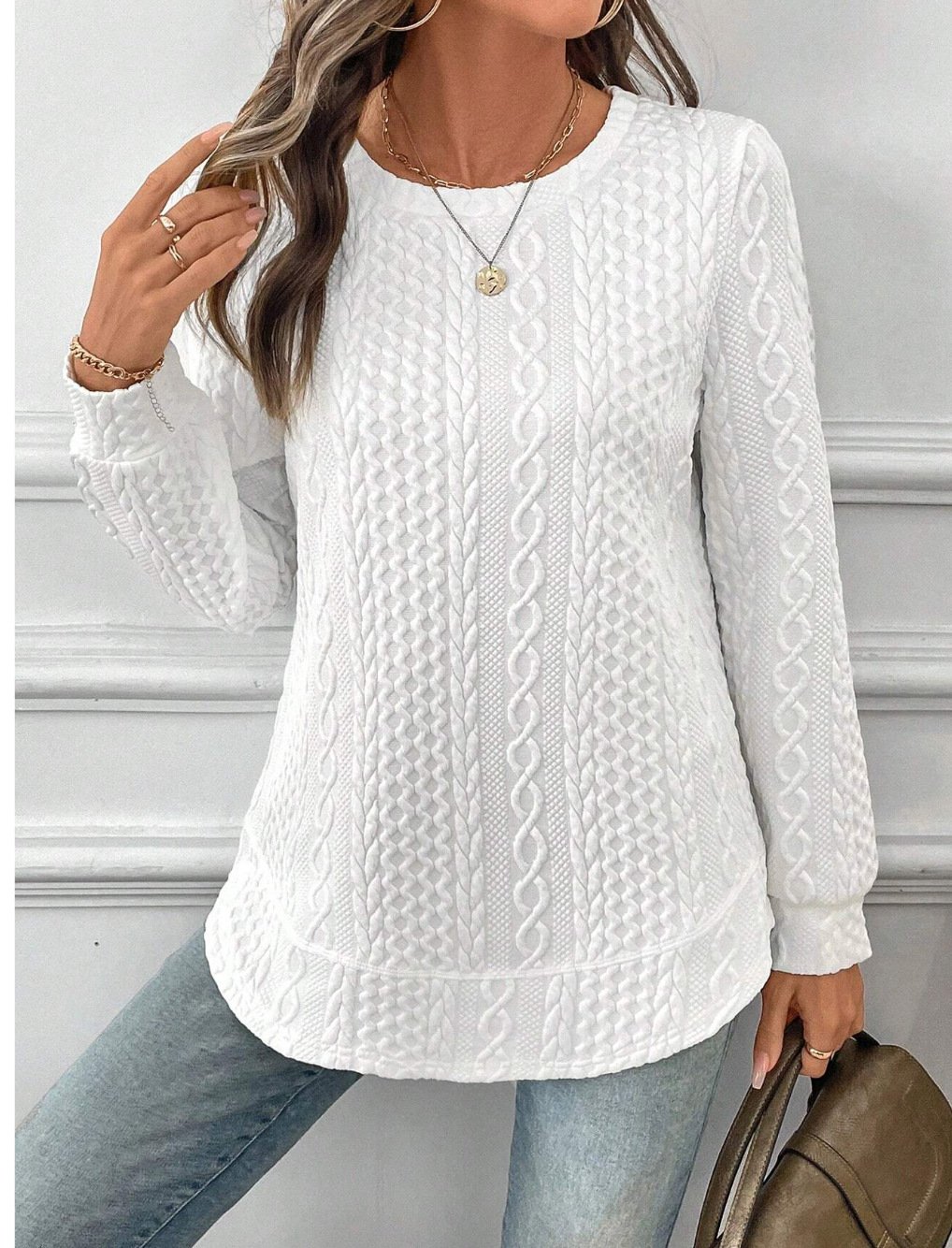 Women's Autumn And Winter Sweatshirt Solid Color Texture Loose Regular Top