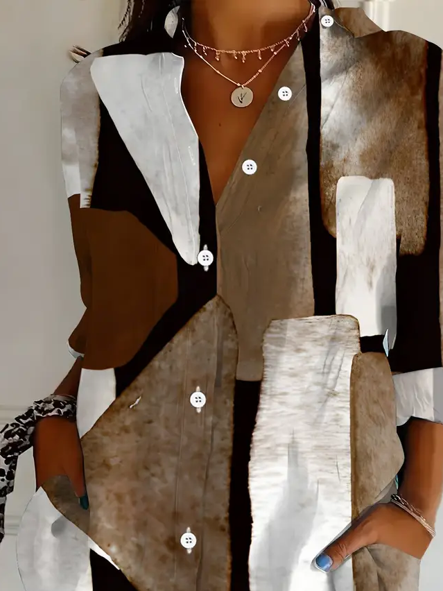 Women's Long Sleeve Shirt Spring/Fall Brown Abstract Buckle Shirt Collar Regular Sleeve Daily Going Out Casual Top