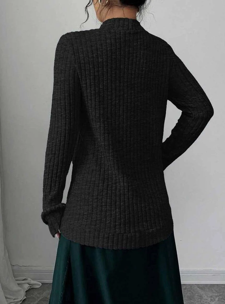 Women's Solid Color Cardigan Ribbed Brushed Stitching Long-Sleeved Jacket