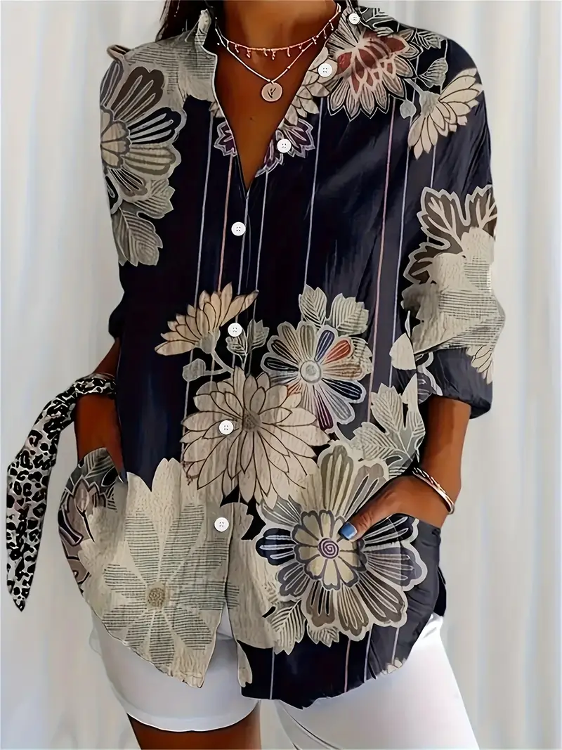 Women's Long Sleeve Shirt Spring/Fall Black Floral Buckle Shirt Collar Regular Sleeve Daily Going Out Casual Top