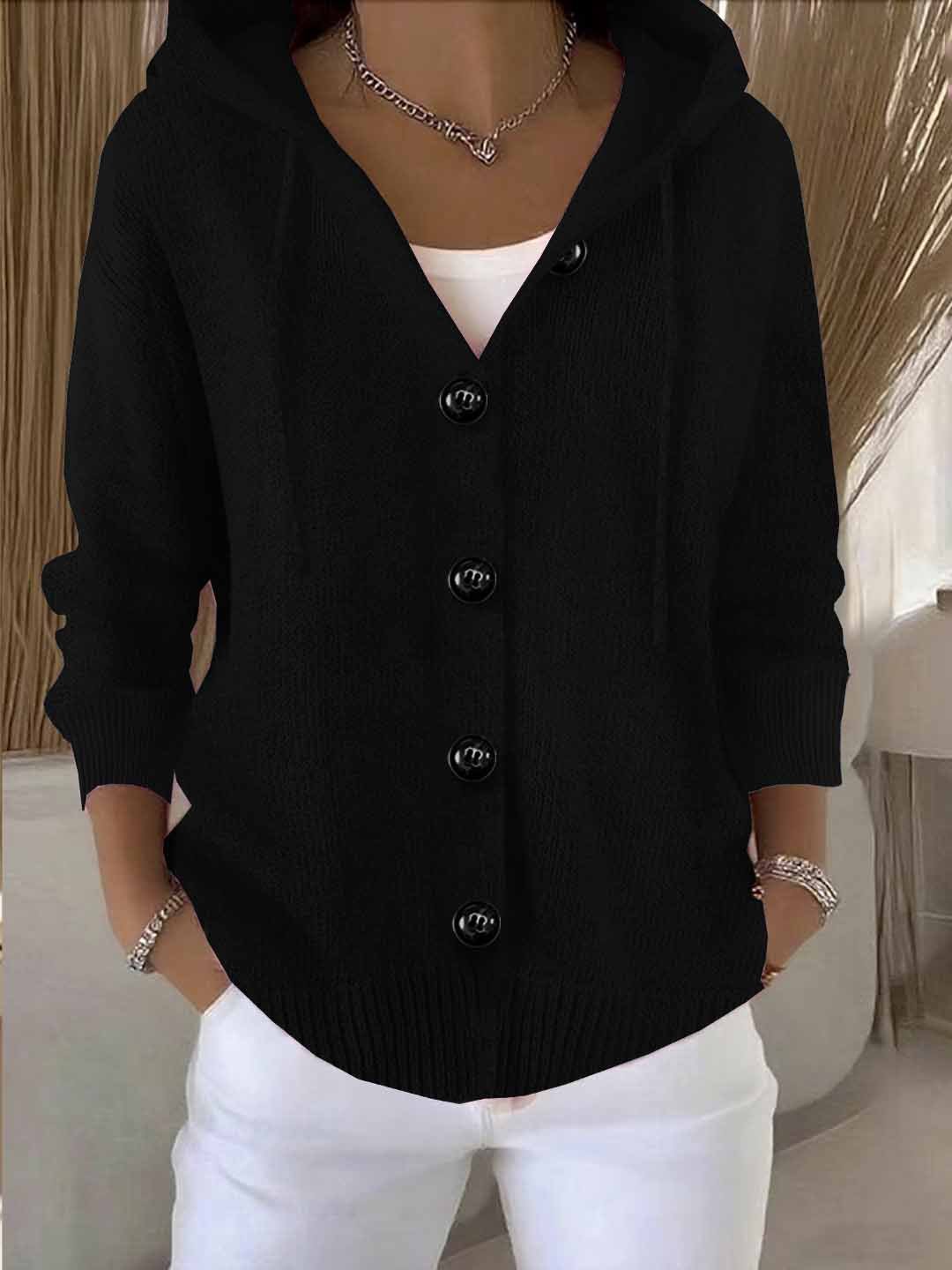 Women's Single-breasted Solid Color Hooded Drawstring Knitted Cardigan Sweater