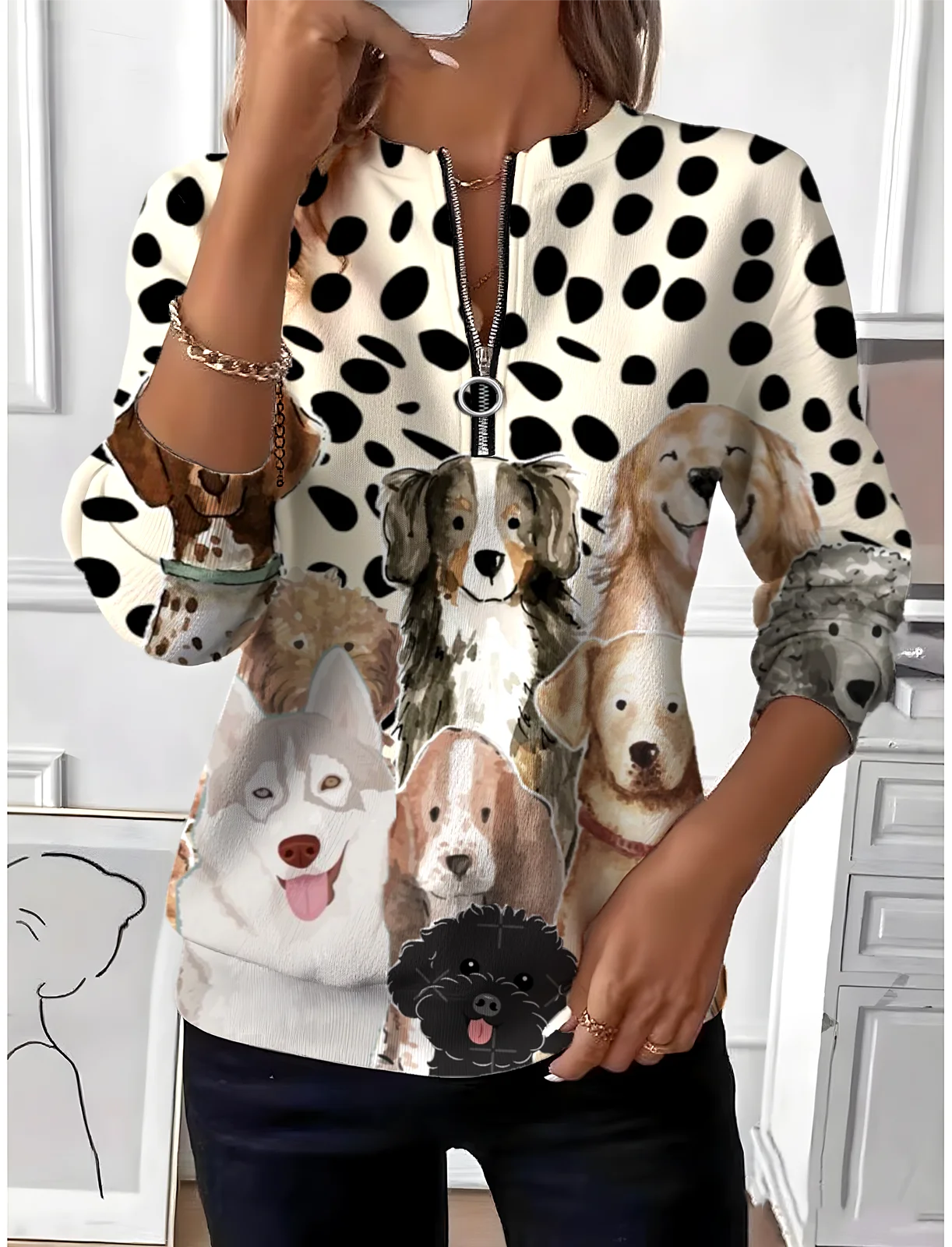 Women's Animal Gradient Pattern Long Sleeve Center Front Zip Casual Sweatshirt Regular Top