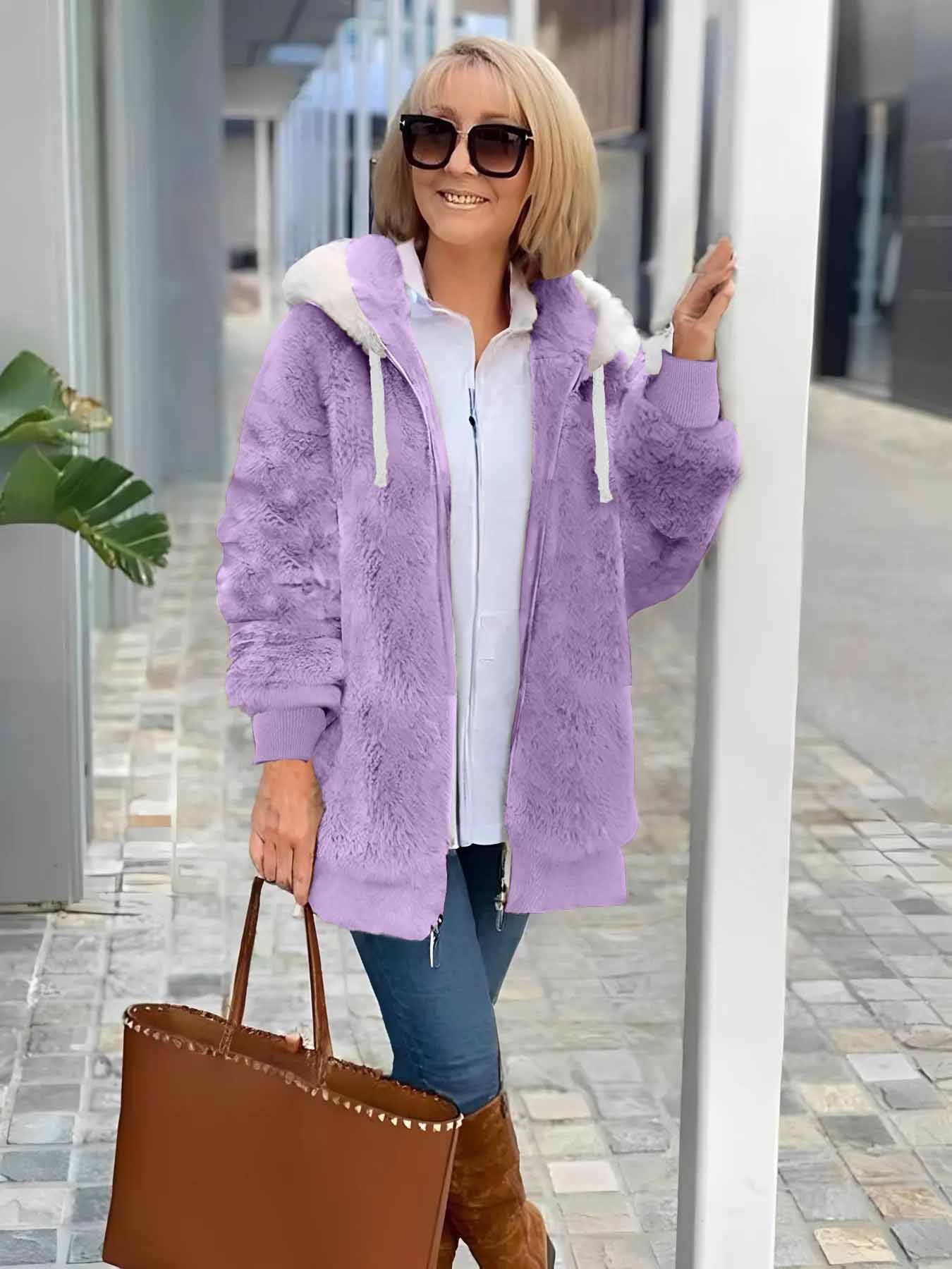Women's autumn and winter warm plush patchwork zipper pocket hooded loose thick coat