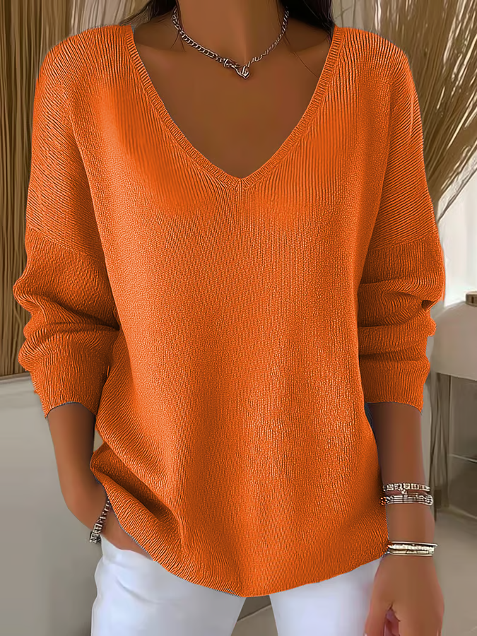 Women's Long Sleeve T-shirt Spring/Fall Orange Plain Printing V Neck Daily Going Out Casual Top