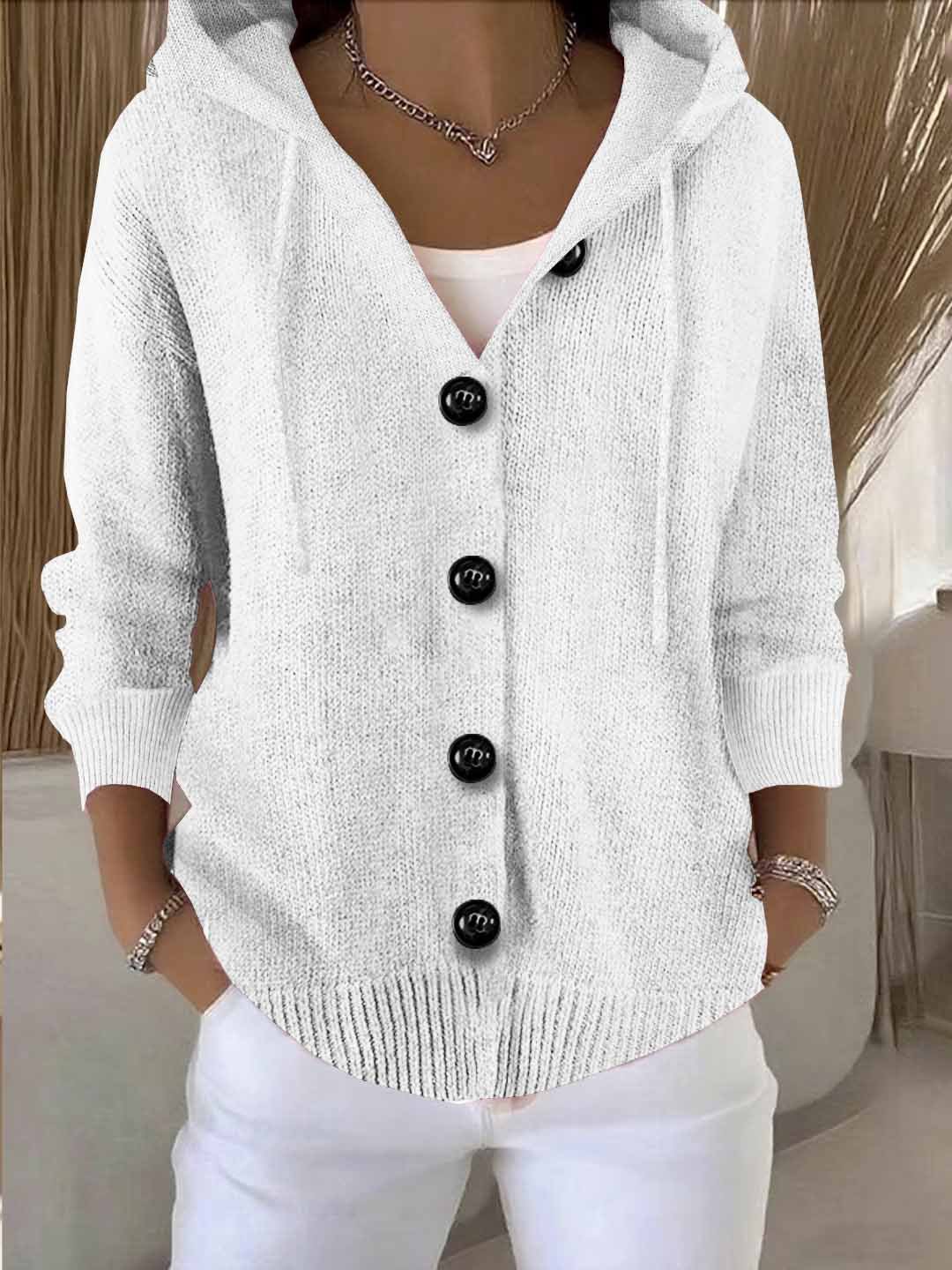 Women's Single-breasted Solid Color Hooded Drawstring Knitted Cardigan Sweater