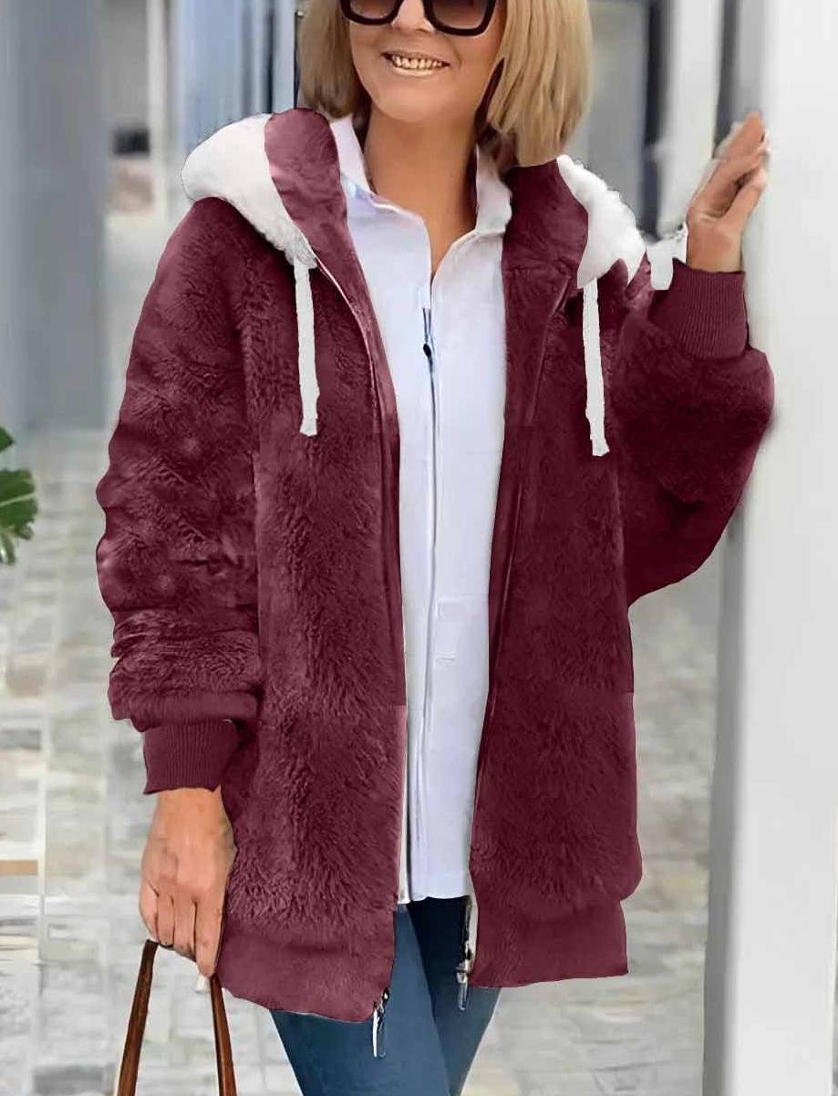 Women's autumn and winter warm plush patchwork zipper pocket hooded loose thick coat