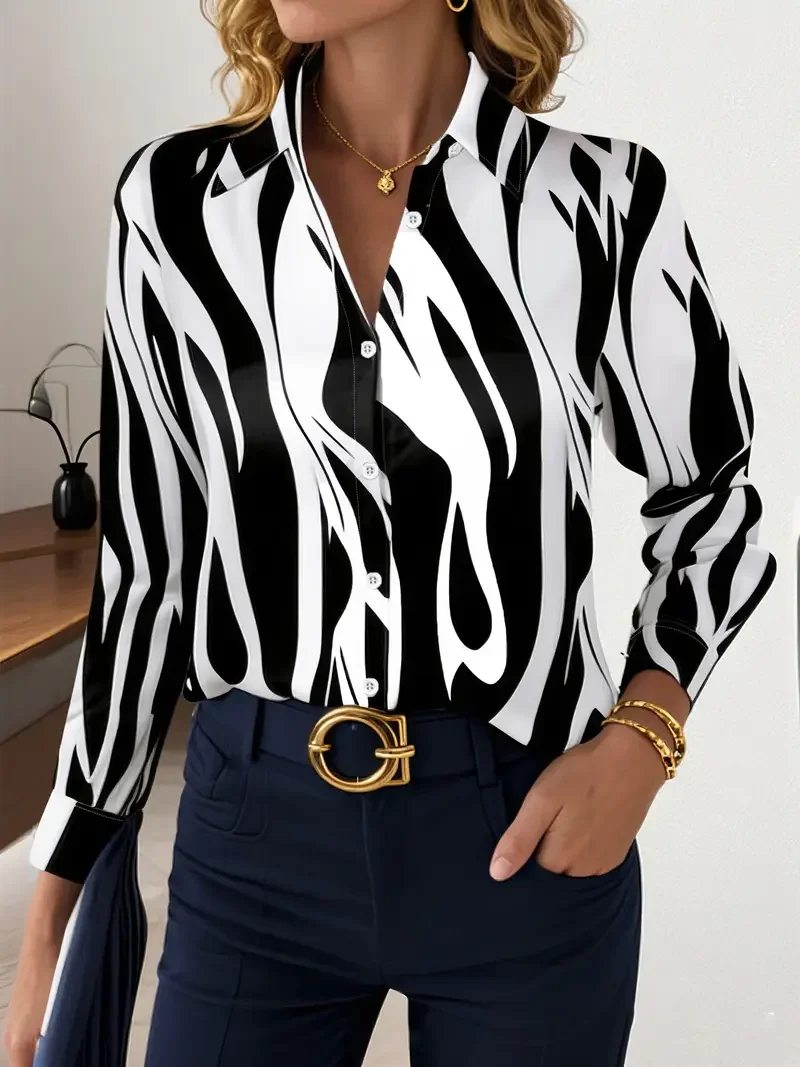 Women's Long Sleeve Shirt Spring/Fall Black-white Abstract Buckle Shirt Collar Regular Sleeve Daily Going Out Casual Top