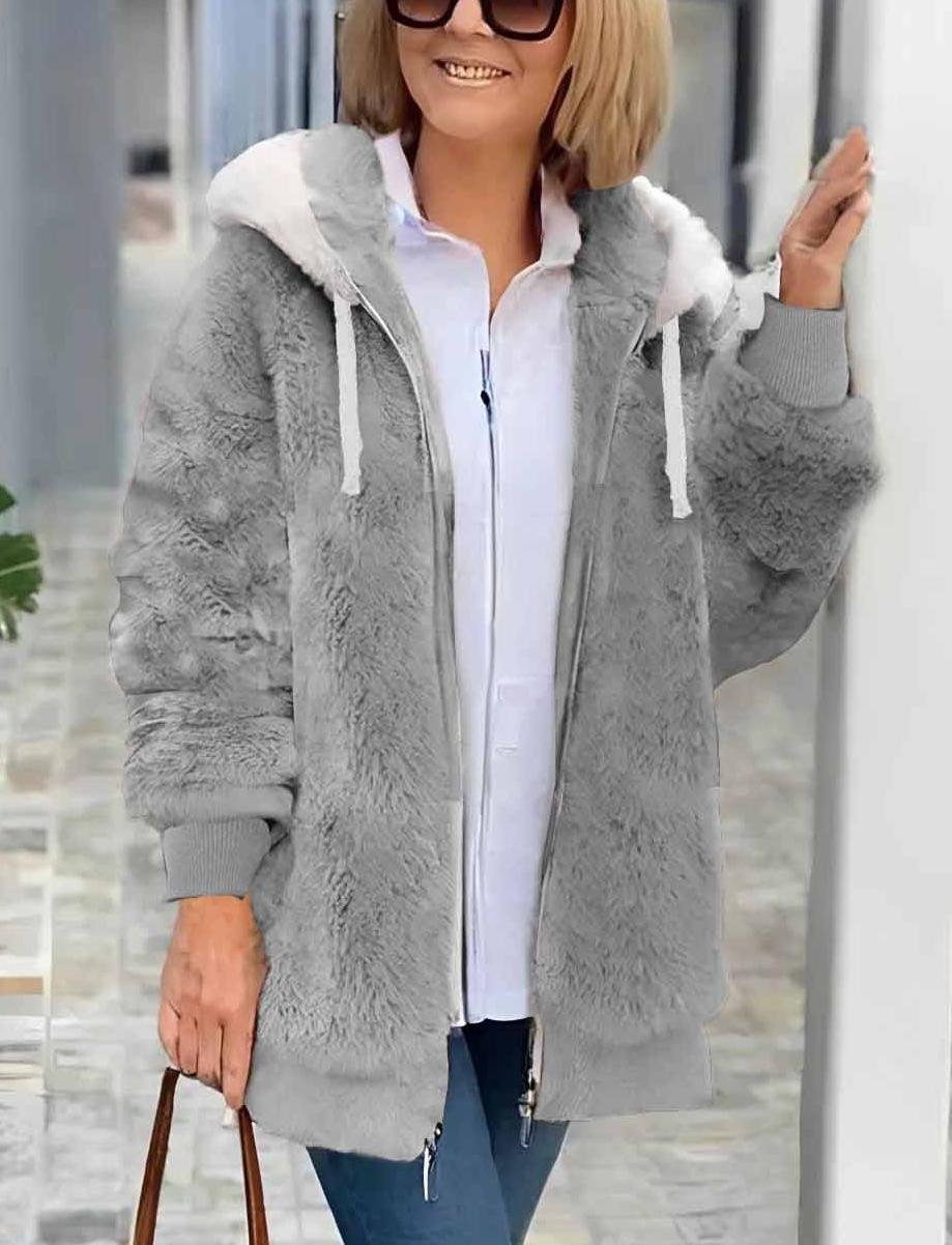 Women's autumn and winter warm plush patchwork zipper pocket hooded loose thick coat