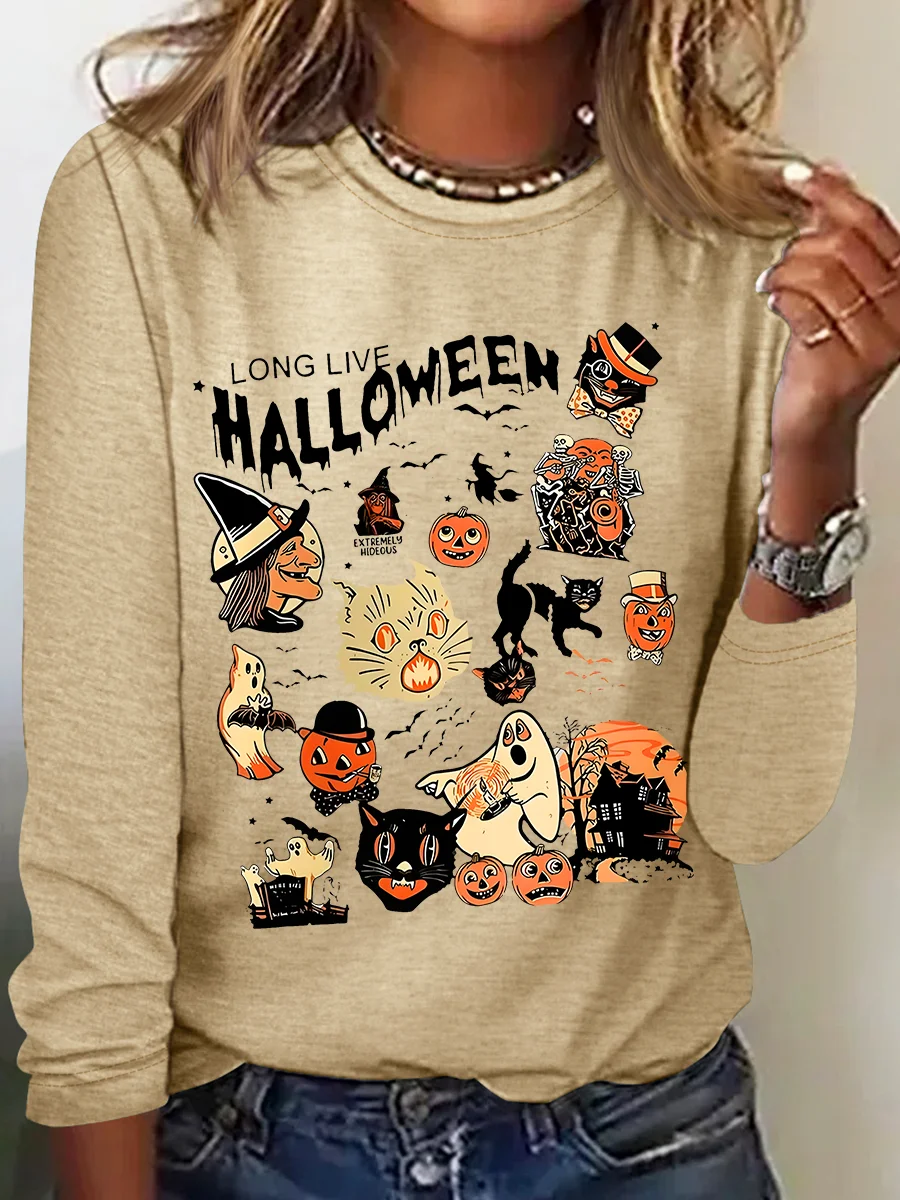 Women's Halloween Horror Season Black Cat Pumpkin Long Sleeve T-shirt