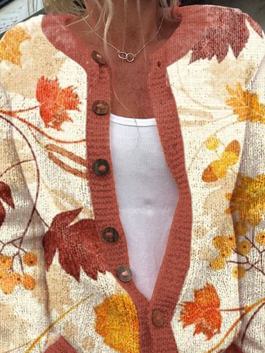 Women's Thanksgiving Pumpkin Maple Leaf Knit Cardigan