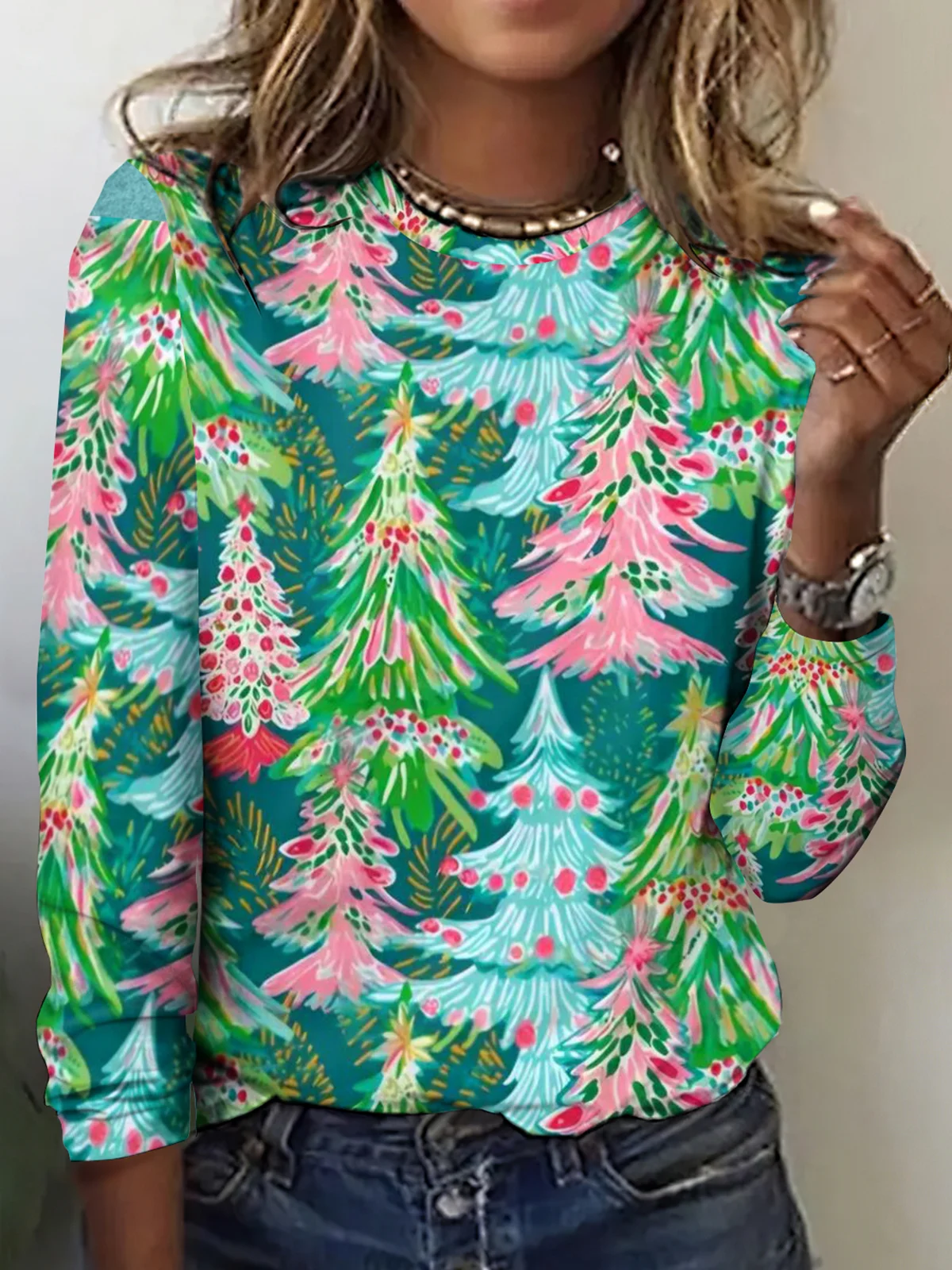 Casual Regular Fit Christmas Tree Crew Neck T-Shirt